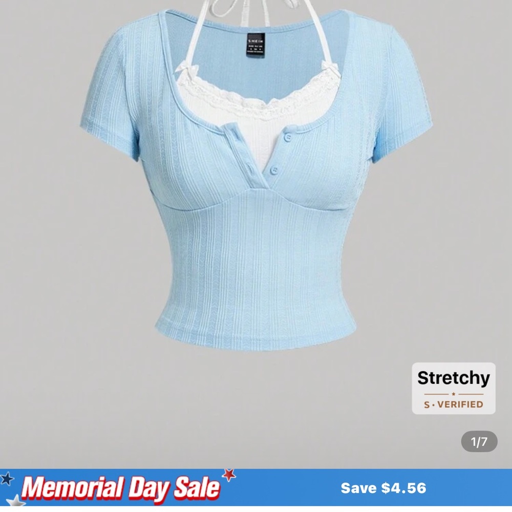 Blue Ribbed Crop Top with Built in Cami